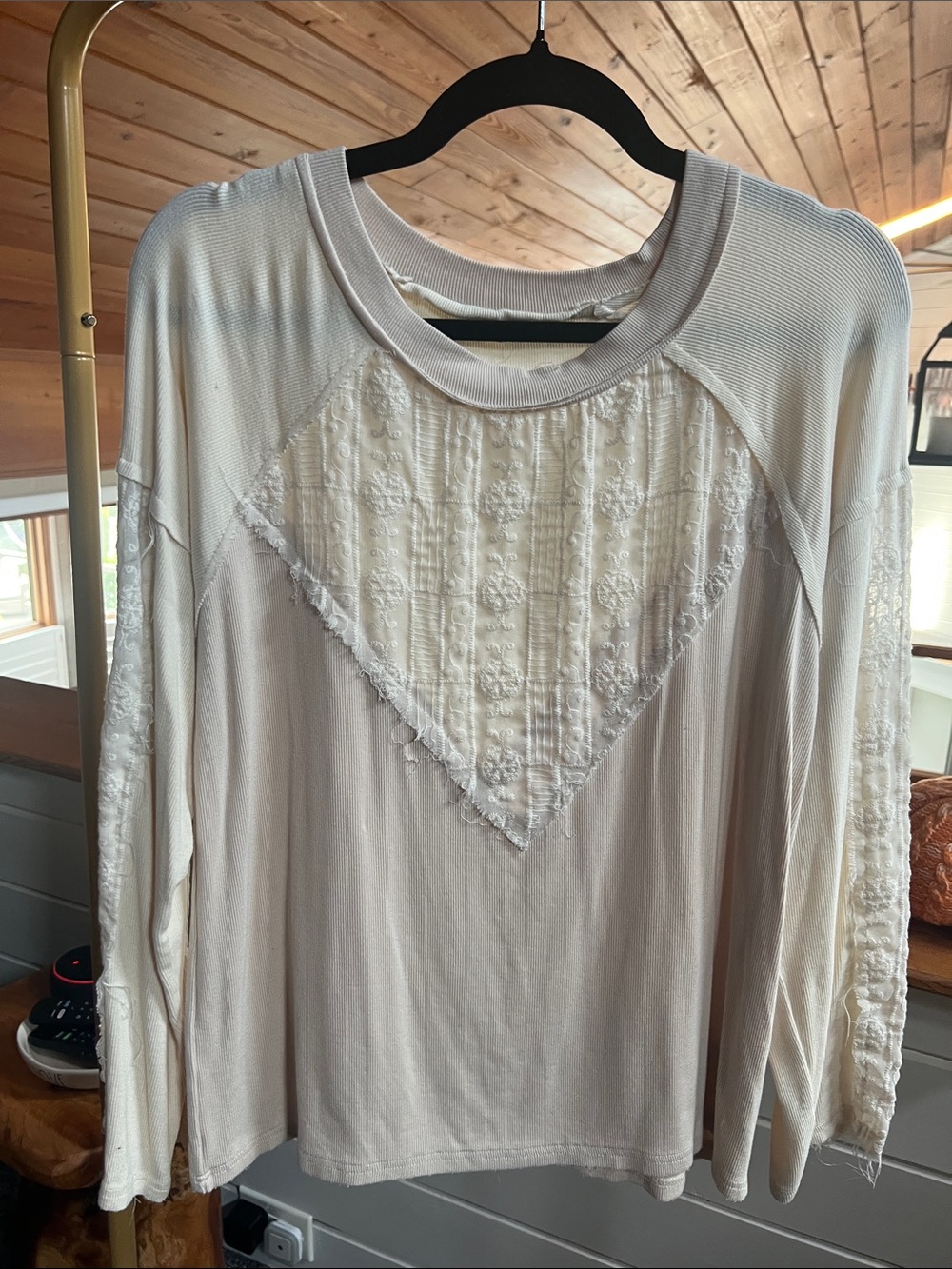 POL Women’s Cream Long-Sleeve Lace Accent Top